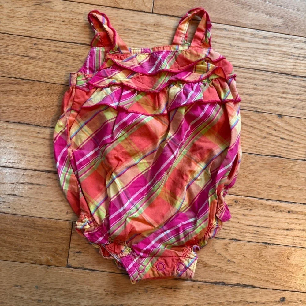 Carters‎ Baby Girls Pink Orange Plaid Ruffle Bubble Romper 3 Months Cotton